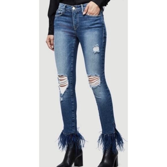 Frame Denim Jeans Womens 26 Le Skinny De Jeanne Feathered Hem Distressed Boho - Picture 1 of 12